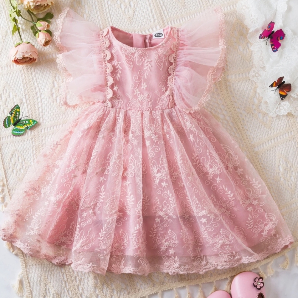 Elegant Girls‎ Lace Tulle Fairy Floral Embroidered Ruffle Trim Rear Zipper Dress